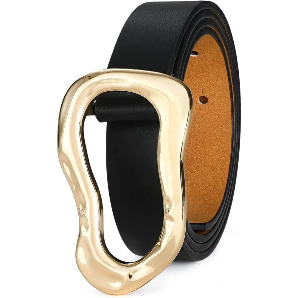 Women's Black Stylish Gold Buckle Fashion Leather Waist Belt Perfect For Jeans
